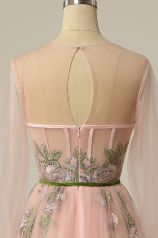 A-Linien-Ballkleid aus Tüll mit U-Ausschnitt und langen Ärmeln und Blumenstickerei