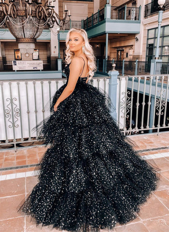 A Line Spaghetti Straps Tiered Tulle High Low Prom Dress