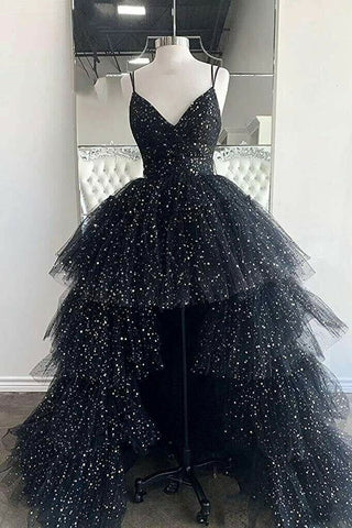 A Line Spaghetti Straps Tiered Tulle High Low Prom Dress