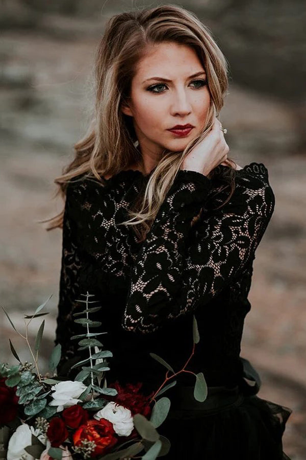 A-Line Lace Appliqued Black Wedding Dress Boho Bridal Gown WD744-Pgmdress