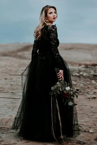A-Line Lace Appliqued Black Wedding Dress Boho Bridal Gown WD744-Pgmdress