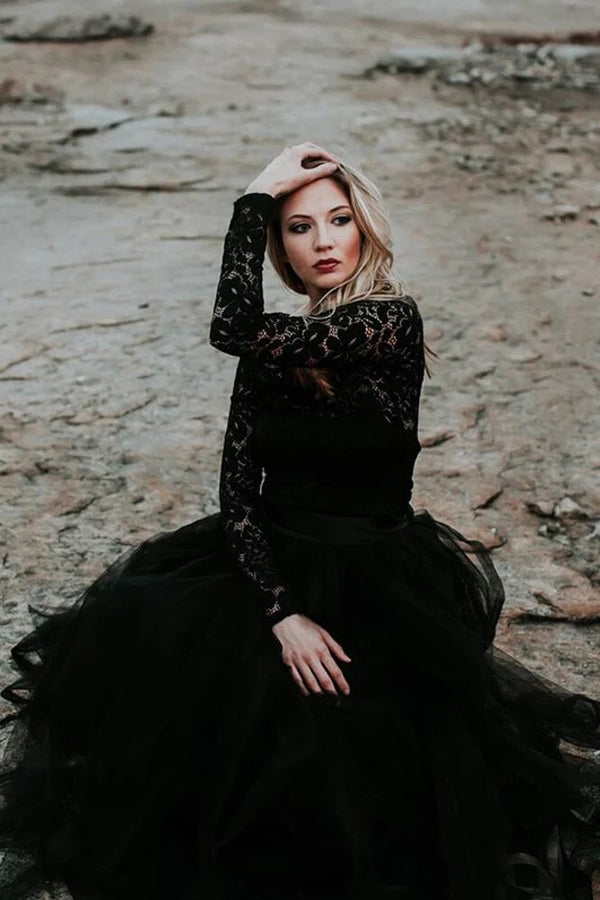 A-Line Lace Appliqued Black Wedding Dress Boho Bridal Gown WD744-Pgmdress