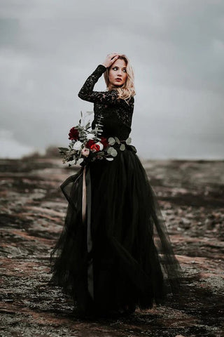 A-Line Lace Appliqued Black Wedding Dress Boho Bridal Gown WD744-Pgmdress