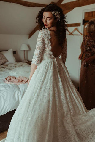 A-line Lace Half Sleeves Backless Vintage Wedding Dresses, Bridal Gown