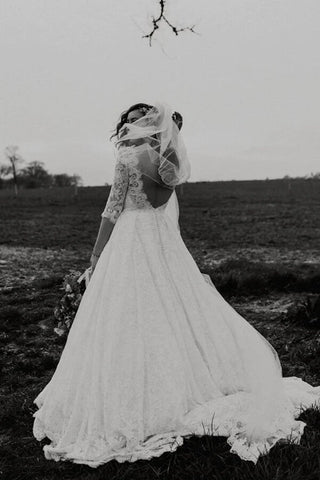 A-line Lace Half Sleeves Backless Vintage Wedding Dresses, Bridal Gown