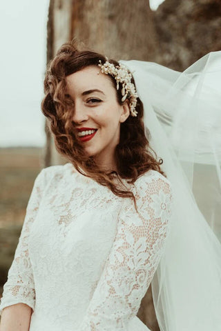 A-line Lace Half Sleeves Backless Vintage Wedding Dresses, Bridal Gown