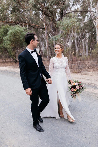 A-line Lace Long Sleeves Round Neck Slit Wedding Dress, Wedding Gowns