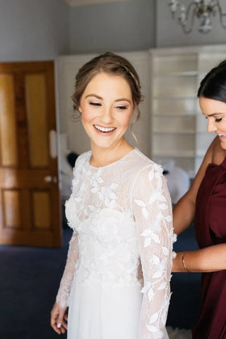 A-line Lace Long Sleeves Round Neck Slit Wedding Dress, Wedding Gowns