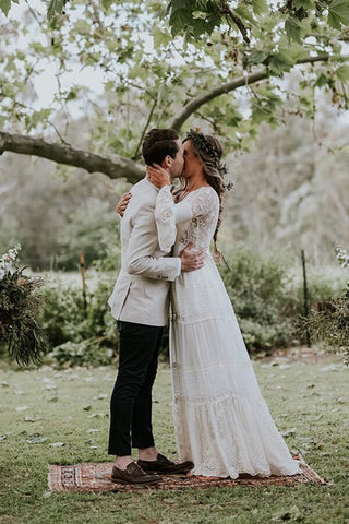 A-line Long Sleeve Deep V-neck Lace Backless Wedding Dresses Long Bridal Dresses