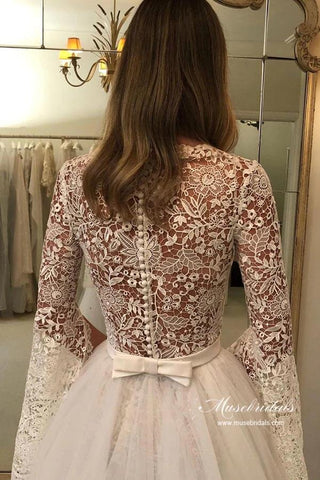 A-line Long Sleeves Floral Lace Wedding Dresses With Detachable Train