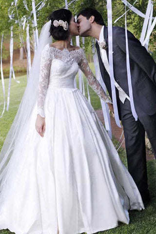 A-line Off Shoulder Long Sleeves Satin Lace Wedding Dresses, Bridal Gown