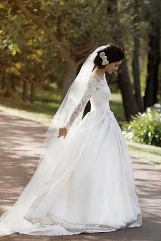 A-line Off Shoulder Long Sleeves Satin Lace Wedding Dresses, Bridal Gown