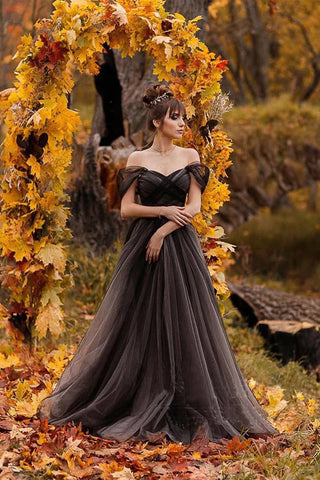A-line Off Shoulder Simple Black Forest Wedding Dresses WD690-Pgmdress