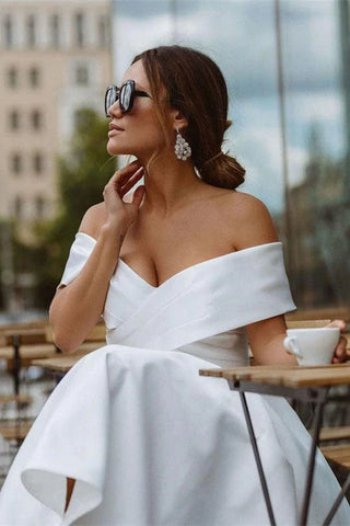 A-line Satin Off Shoulder Tea-Length Wedding Dresses, Wedding Gown