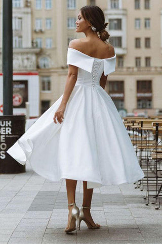 A-line Satin Off Shoulder Tea-Length Wedding Dresses, Wedding Gown