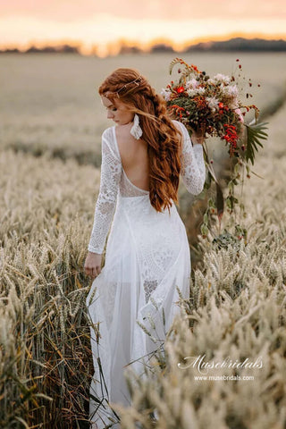 A-line Scoop Neck Backless Long Sleeves Lace Wedding Dresse