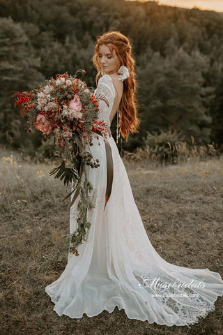 A-line Scoop Neck Backless Long Sleeves Lace Wedding Dresse