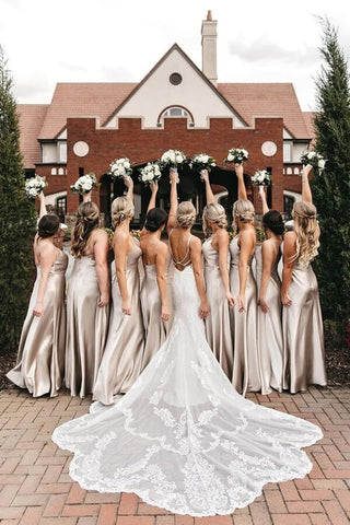 A-Linie Seidensatin Spaghettiträger Brautjungfernkleider, Hochzeitspartykleid 