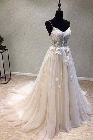 A-Linie Spaghettiträger Brautkleid mit Spitzenapplikationen, Hochzeitskleid
