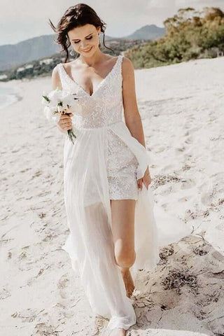 A-line V-neck Detachable Train Summer Bridal Gown, Beach Wedding Dress,