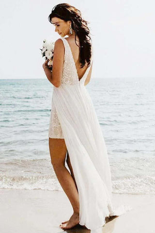 A-line V-neck Detachable Train Summer Bridal Gown, Beach Wedding Dress,