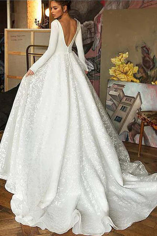 A-line V-neck Long Sleeves Wedding Dresses With Court Train, Bridal Gown