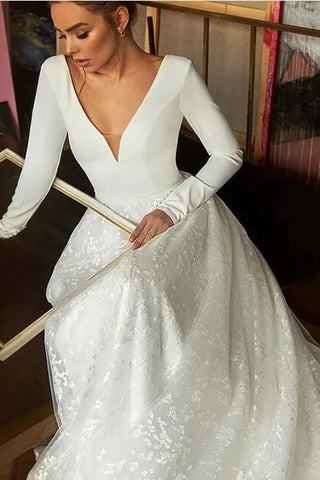 A-line V-neck Long Sleeves Wedding Dresses With Court Train, Bridal Gown