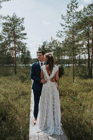 A-line V Back Lace Cap Sleeves Beach Wedding Dresses, Bridal Gowns