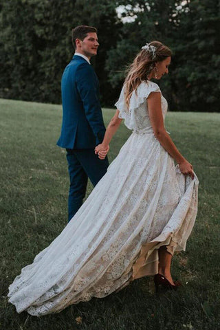 A-line V Back Lace Cap Sleeves Beach Wedding Dresses, Bridal Gowns