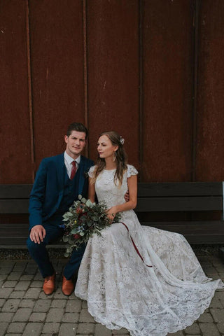 A-line V Back Lace Cap Sleeves Beach Wedding Dresses, Bridal Gowns