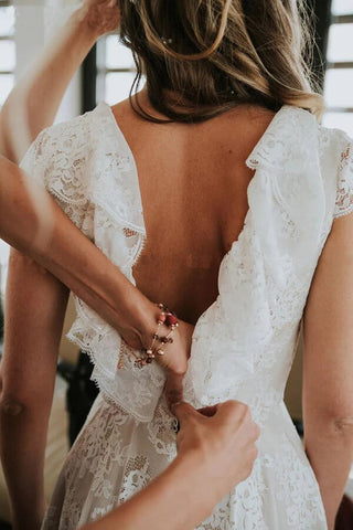 A-line V Back Lace Cap Sleeves Beach Wedding Dresses, Bridal Gowns