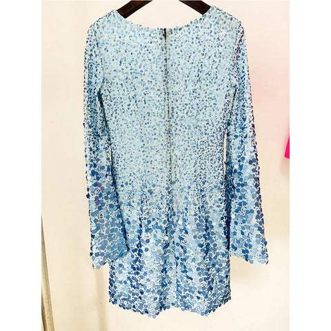 Neck Fashion Elegant Flare Sleeve Blue Sequins Party High Street Mini Straight Women Glitter Dress