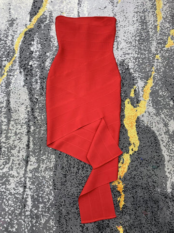 Women Celebrity Party Cocktail Red Strapless Tight Midi Irregular Dress Sleeveless Sexy Backless Bodycon Club Vesidos