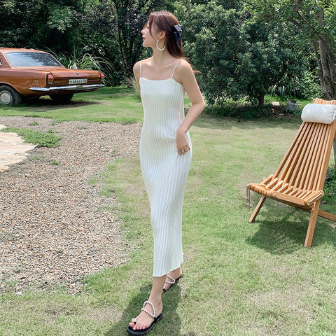 Spaghetti Strap Pleated Satin Dress Loose Casual Sexy Korean Party Dress Long Midi Dress Straight Slash Neck Summer Dress