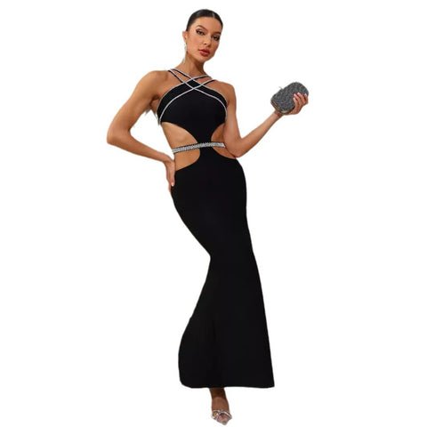 Verbandkleid sexy hohle Rautenseite freiliegende Taille Sling-Hüfte langes Kleid Cocktailkleid
