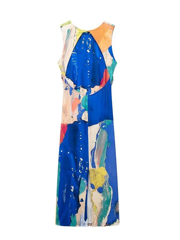 Print Tulle Long Dresses for Women  Ruched Midi Dress Woman Sexy Backless Party Dresses Sleeveless Summer Dress Women