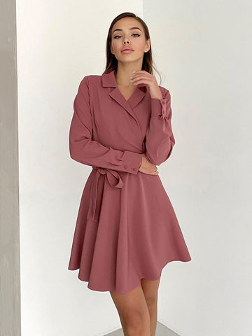 Frühlingsneues elegantes Kleid mit Anzugkragen, langen Ärmeln und Schnürung, Schleife, hoher Taille, A-Linien-Kleid