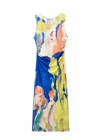 Print Tulle Long Dresses for Women  Ruched Midi Dress Woman Sexy Backless Party Dresses Sleeveless Summer Dress Women