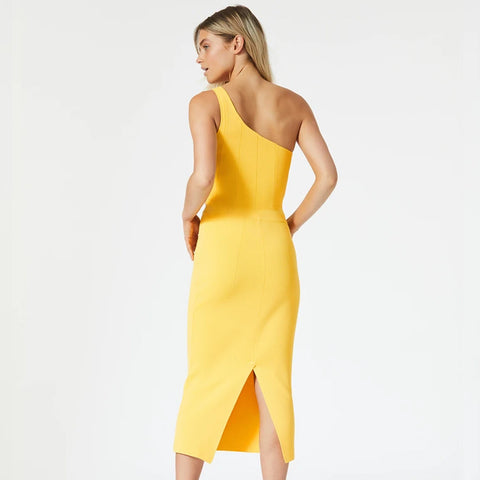 Solid Color Slanted Shoulder Yellow Single Shoulder Sleeveless dress