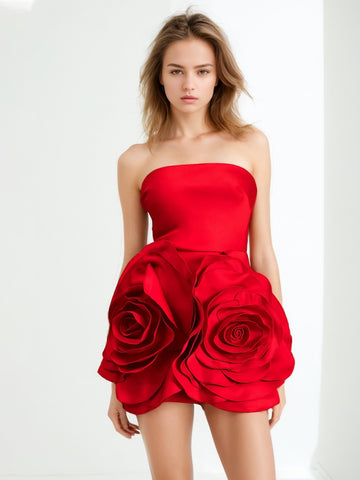 Lady style tube top A-line dress party dress three-dimensional rose large flower patchwork dress for women