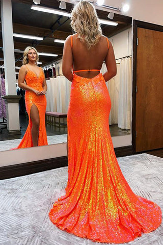 Mermaid V Neck Sequins Prom Dress with Slit