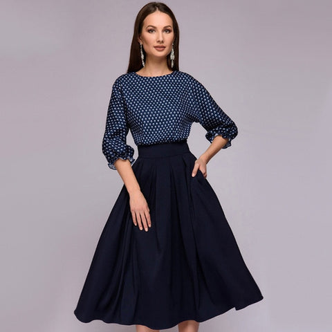 Herbst Vintage Kleid mit Laternenärmeln und Druck, elegantes, lässiges O-Ausschnitt-Kleid mit halblangen Ärmeln in A-Linie, Partykleider für Damen 
