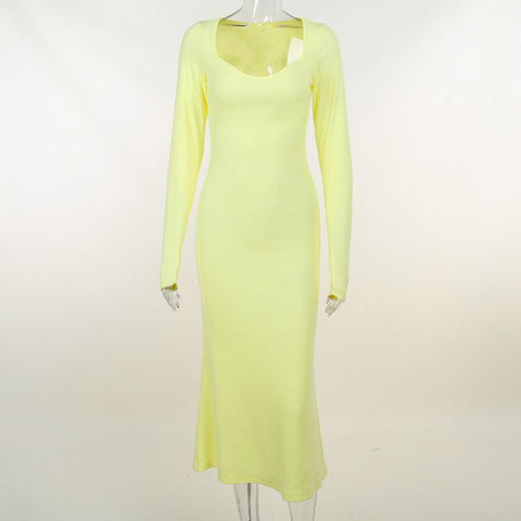 Knit Long Sleeve Maxi Dress Female Slim Solid Party Dress