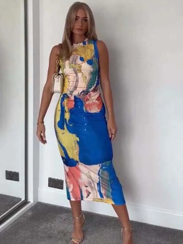 Print Tulle Long Dresses for Women  Ruched Midi Dress Woman Sexy Backless Party Dresses Sleeveless Summer Dress Women