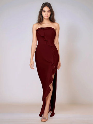 Ruffle Side Split Acetate Satin Bridesmaid Dress