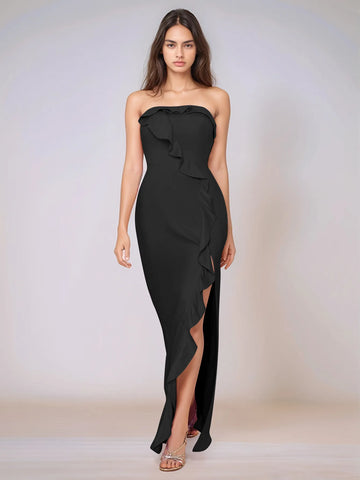 Ruffle Side Split Acetate Satin Bridesmaid Dress