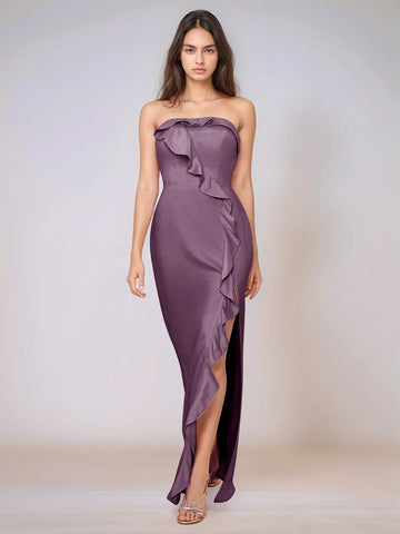 Ruffle Side Split Acetate Satin Bridesmaid Dress