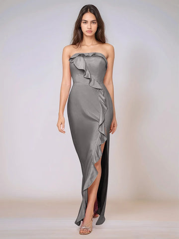 Ruffle Side Split Acetate Satin Bridesmaid Dress