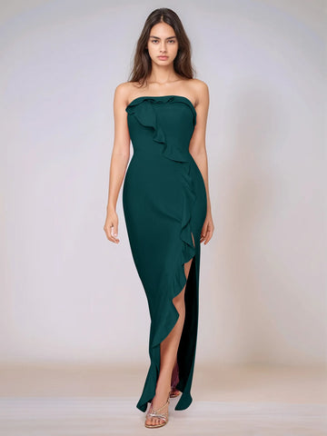 Ruffle Side Split Acetate Satin Bridesmaid Dress