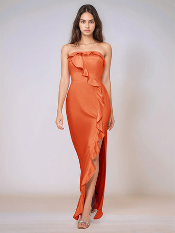 Ruffle Side Split Acetate Satin Bridesmaid Dress